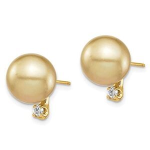 14K 9-10mm Golden Saltwater Cultured South Sea Pearl .10ct Diamond Earrings